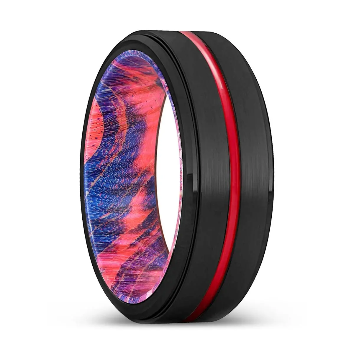 Gilly | Blue & Red Wood, Black Tungsten Ring, Red Groove, Stepped Edge 1
