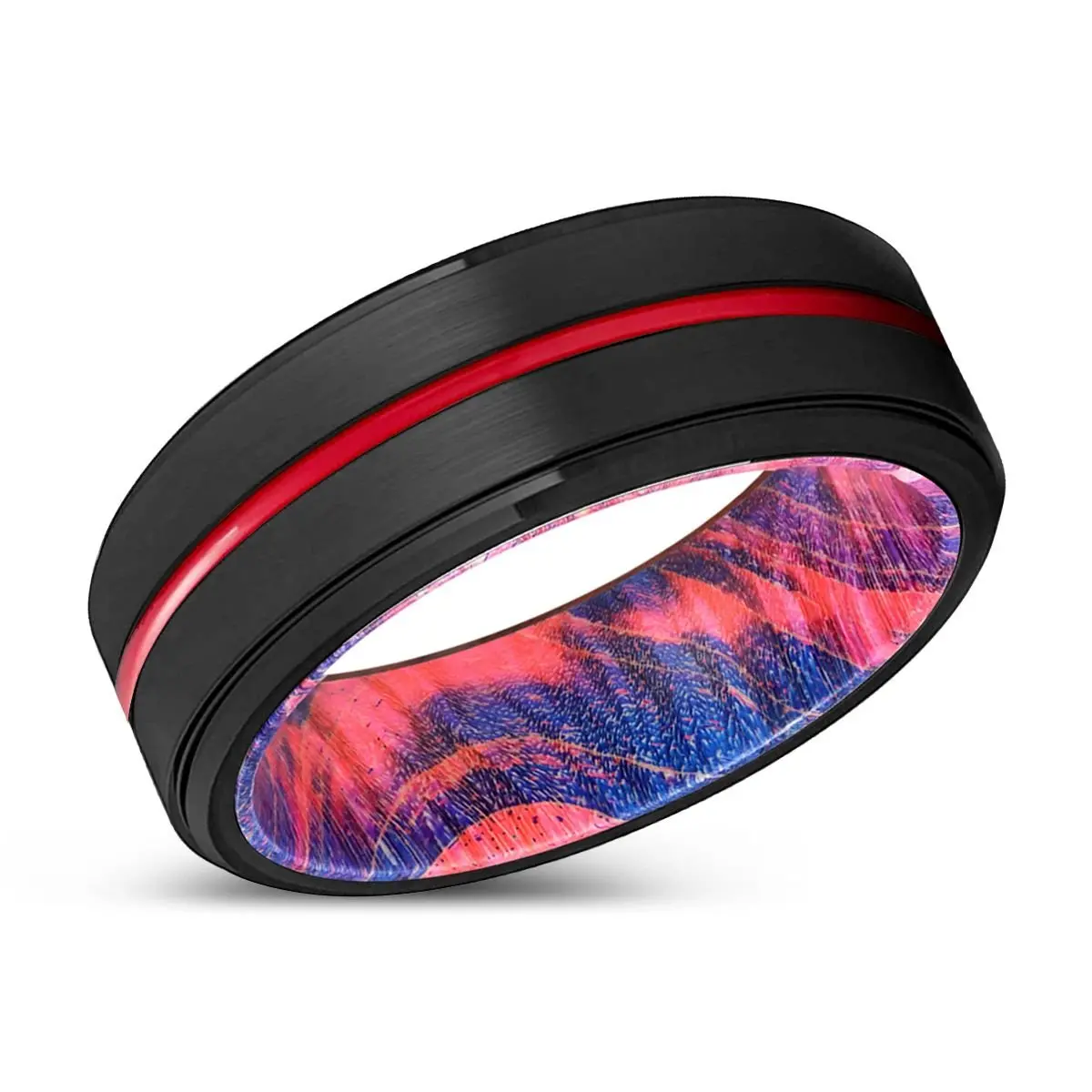 Gilly | Blue & Red Wood, Black Tungsten Ring, Red Groove, Stepped Edge 2