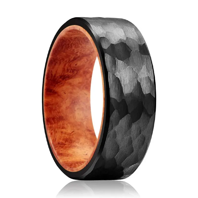 Gilroy | Red Burl Wood, Black Tungsten Ring, Hammered, Flat 1