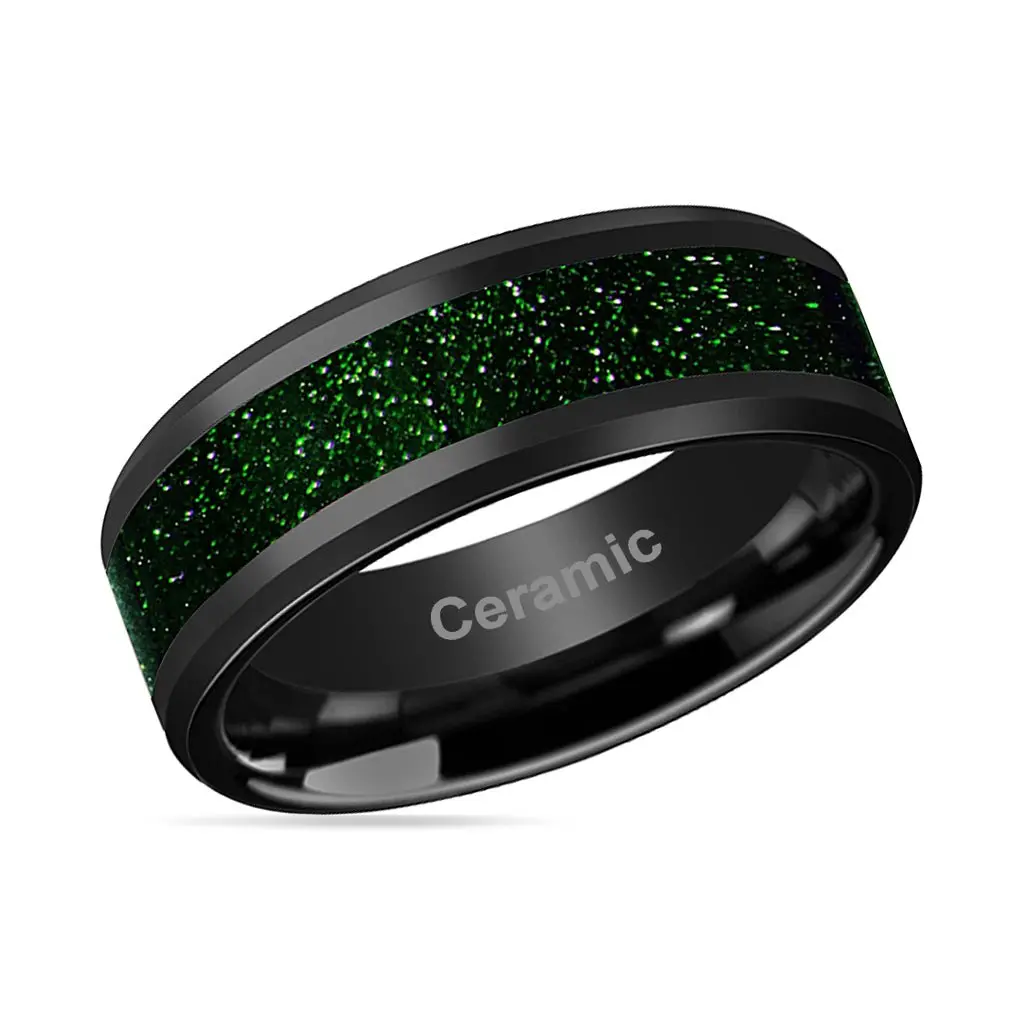 Giovanni | Black Ceramic Ring, Green Goldstone Inlay, Beveled 2