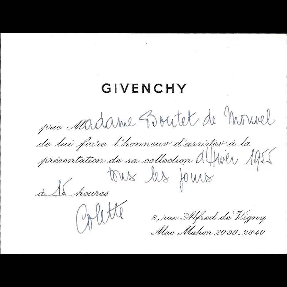 Givenchy - Carton D'invitation De La Maison De Couture, 8 Rue Alfred De Vigny À Paris (1955) 1