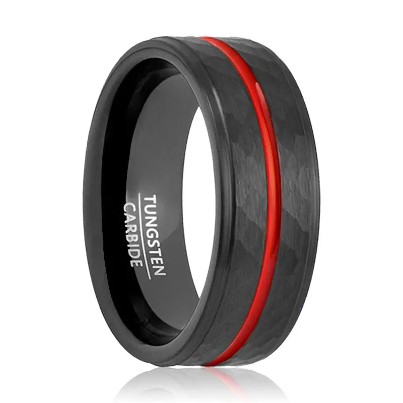 Gladiator | Black Tungsten Ring, Hammered, Red Groove, Stepped Edge 1