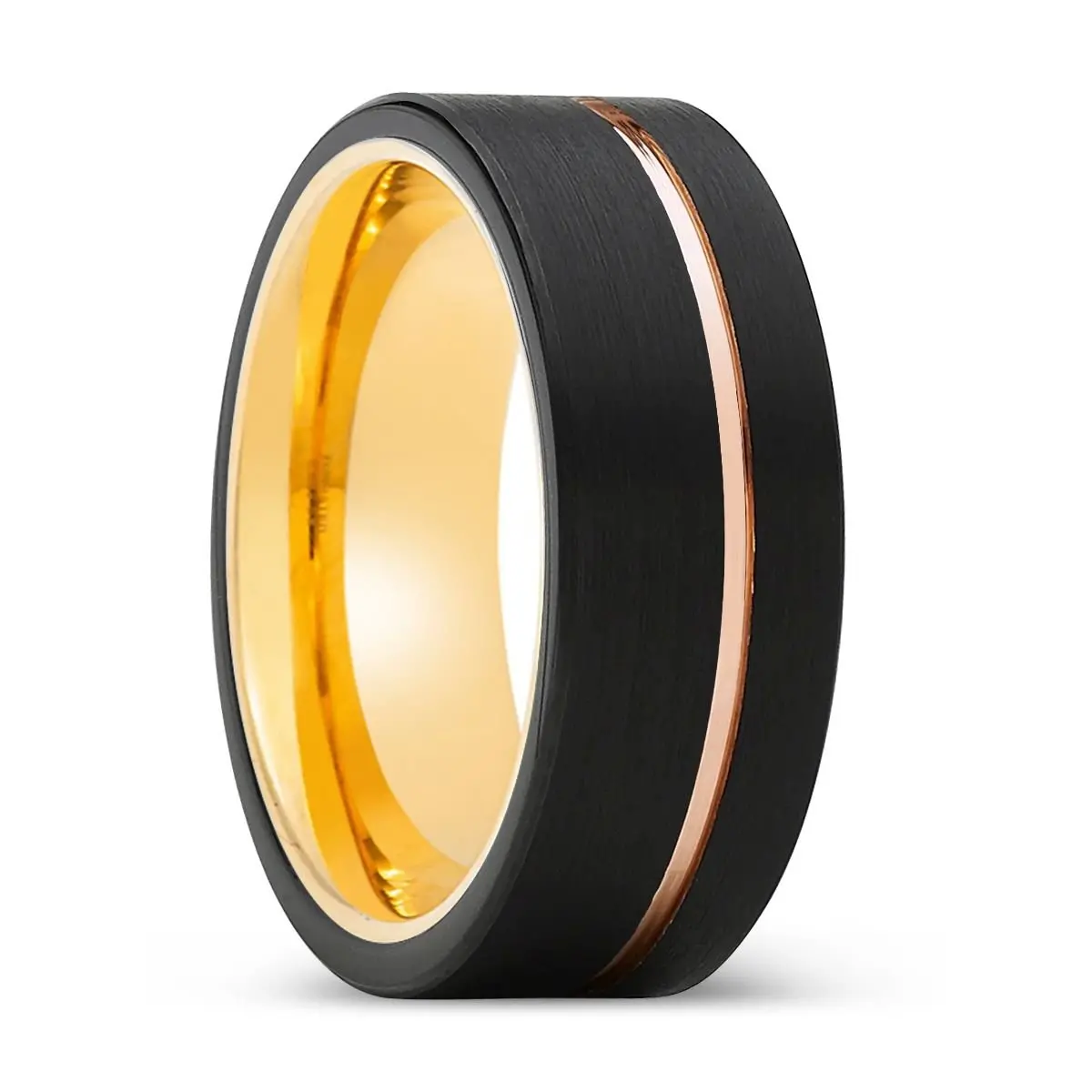Glorious | Gold Ring, Black Tungsten Ring, Rose Gold Offset Groove, Brushed, Flat 1