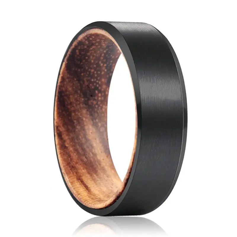 Goblin | Zebra Wood, Black Tungsten Ring, Brushed, Beveled 1