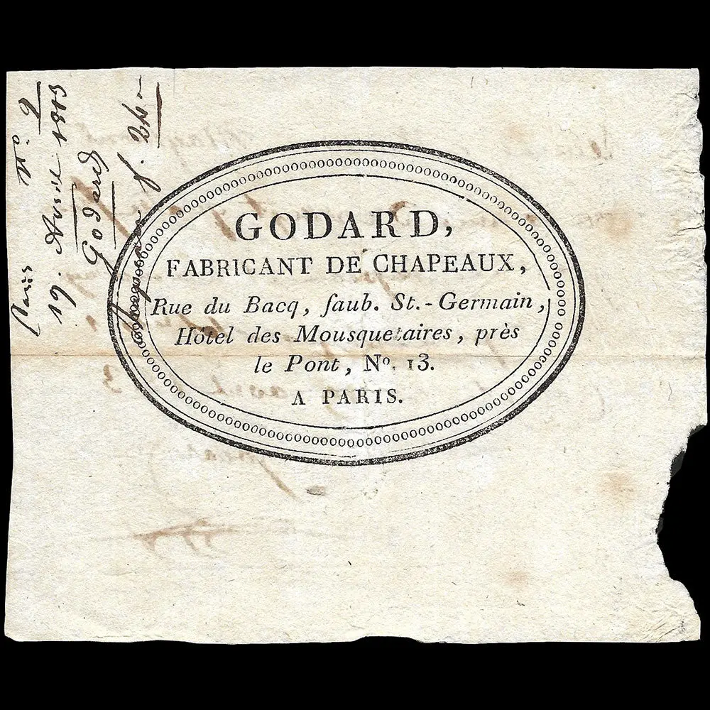 Godard - Reçu Du Fabricant De Chapeaux, 6 Rue Du Bacq À Paris (1813) 1