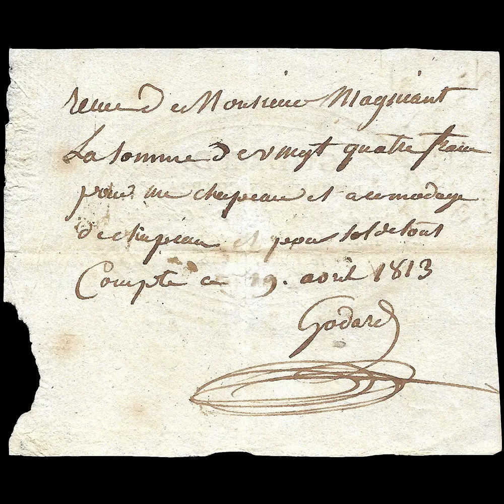 Godard - Reçu Du Fabricant De Chapeaux, 6 Rue Du Bacq À Paris (1813) 2