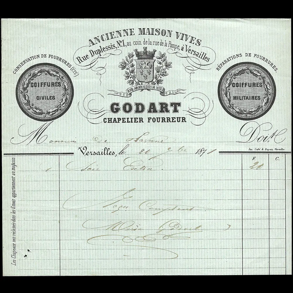 Godart - Facture Du Chapelier Fourreur, 1 Rue Duplessis À Versailles (1871) 1