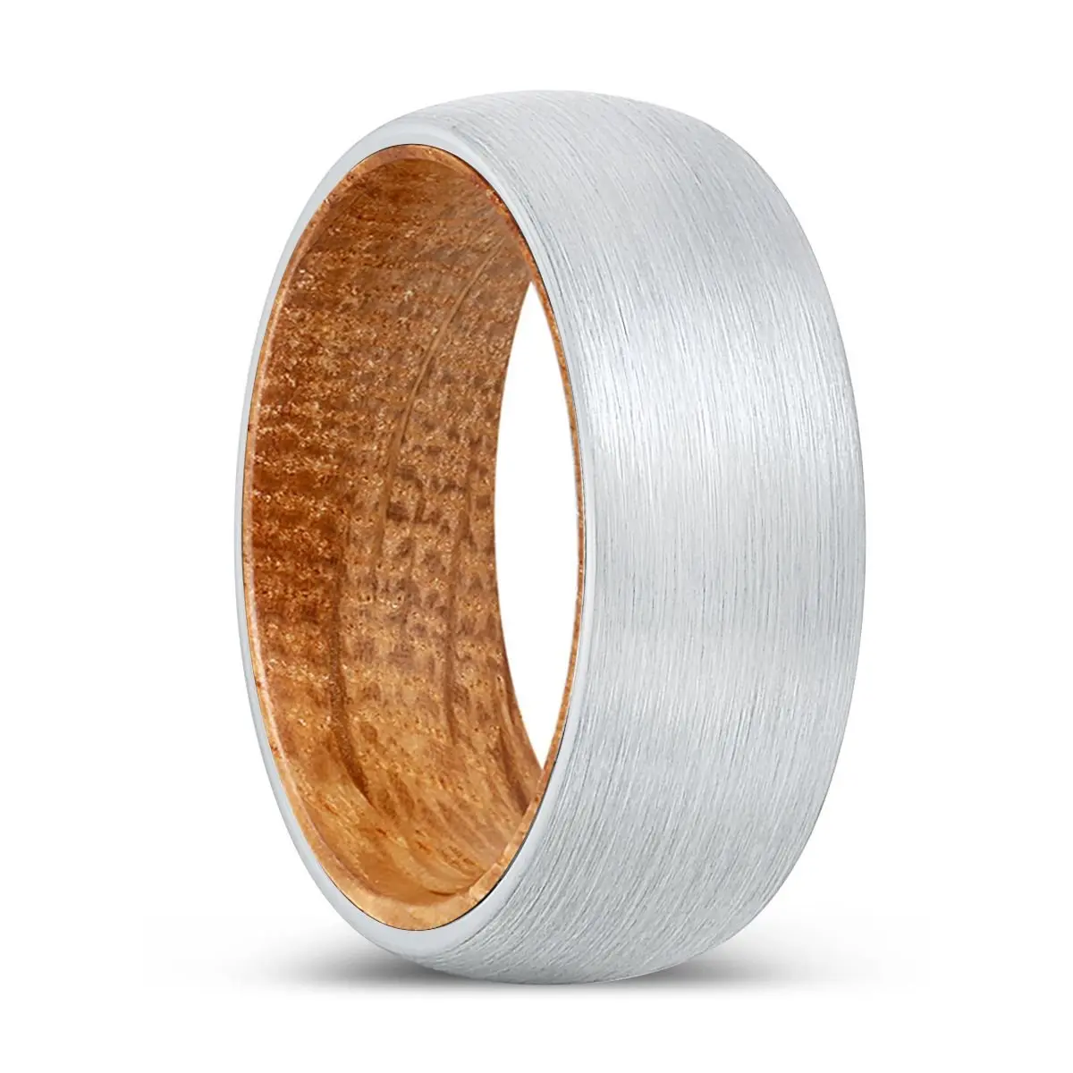Goliath | Whiskey Barrel Wood, White Tungsten Ring, Brushed, Domed 1