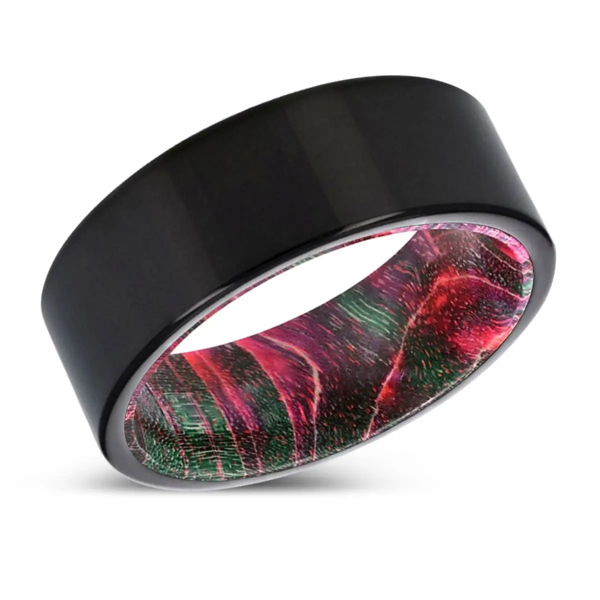 Gooseberry | Green & Red Wood, Black Tungsten Ring, Shiny, Flat 2