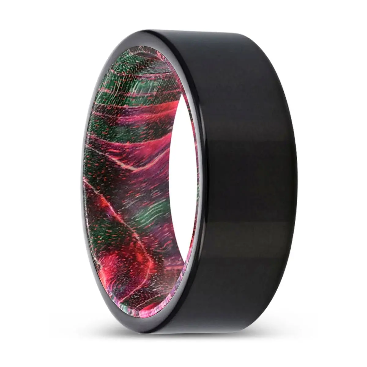 Gooseberry | Green & Red Wood, Black Tungsten Ring, Shiny, Flat 1