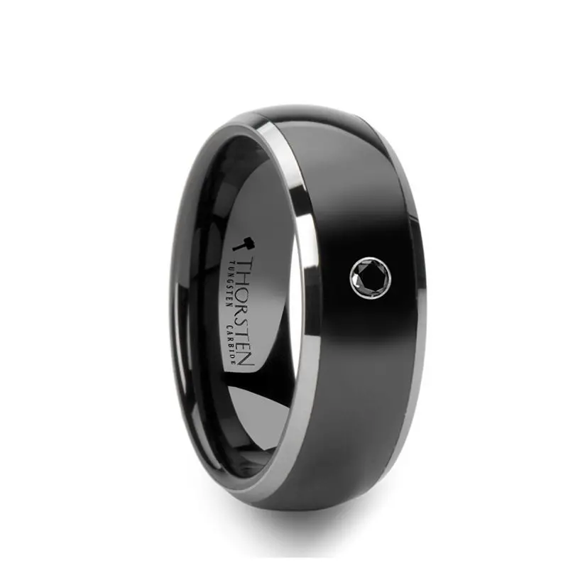 Gotham Domed Black Ceramic Comfort Fit Wedding Band With Polished Tungsten Edges And Black Diamond Setting - 8Mm 1