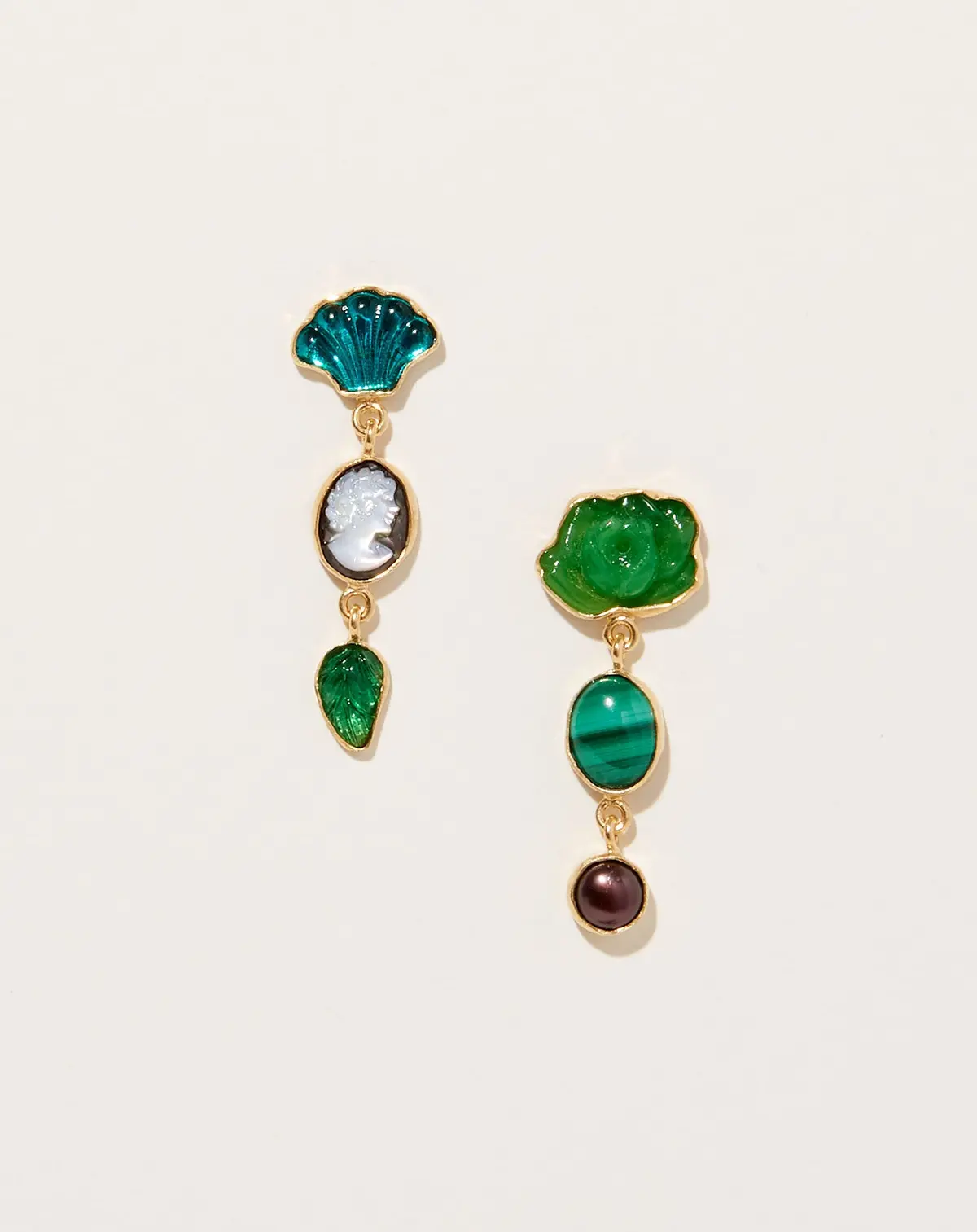 Malachite Three Charm Moving Drop Earrings 1