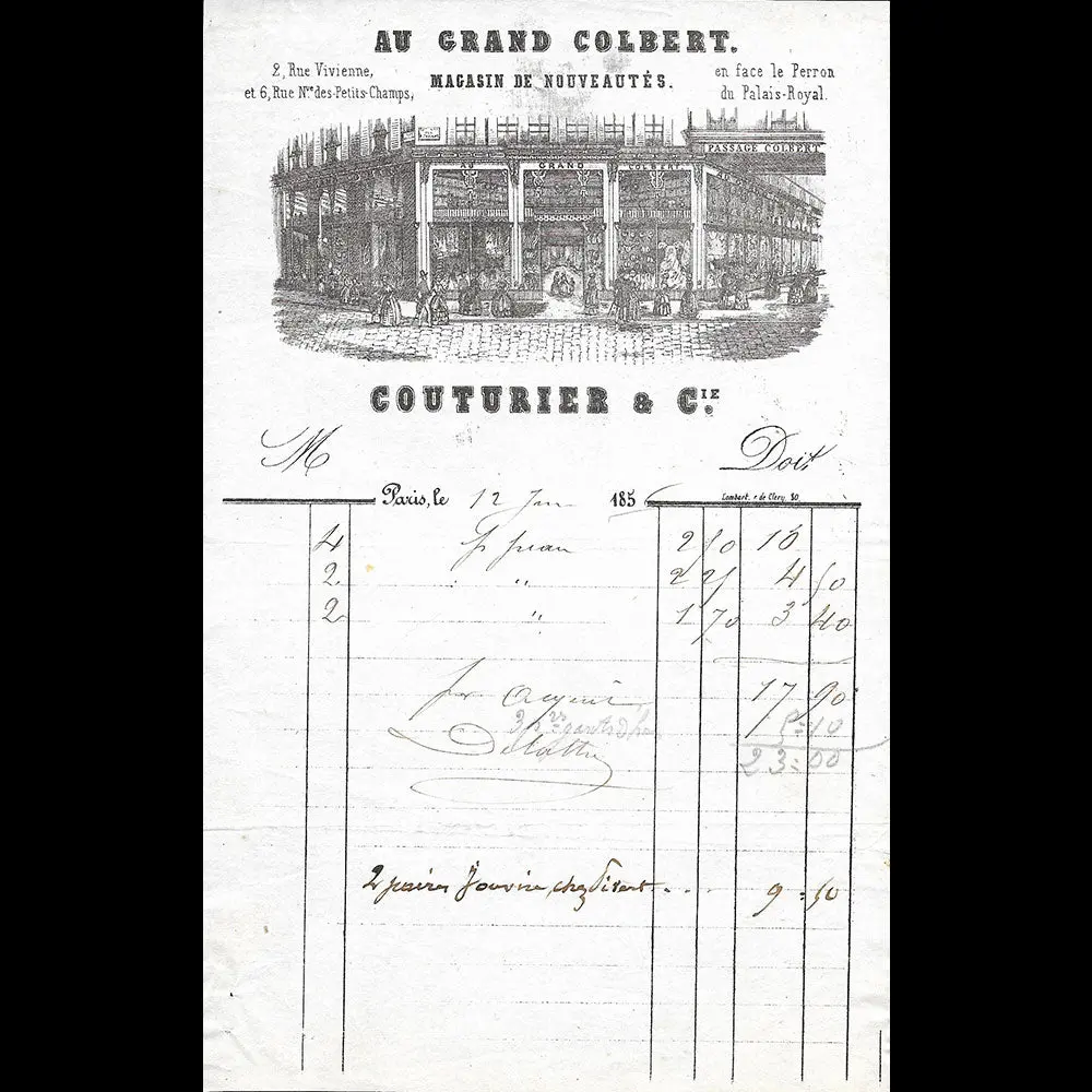 Couturier & Cie - Facture Du Magasin De Nouveautés Au Grand Colbert, 2 Rue Vivienne À Paris (1856) 1