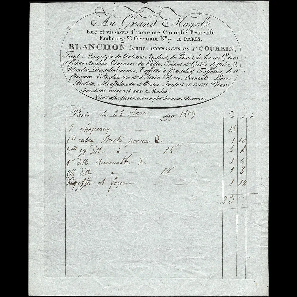 Au Grand Mogol - Facture Du Magasin, 7 Rue De L'ancienne Comédie Française À Paris (1809) 1