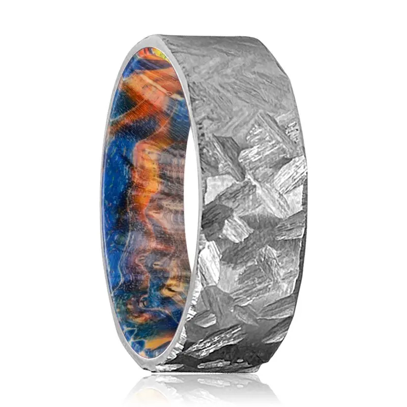 Grantham | Blue & Yellow/Orange Wood, Silver Titanium Ring, Hammered, Flat 1