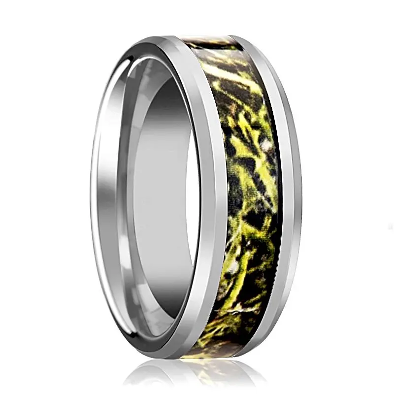 Green Marsh Camoflage Inlaid Men's Tungsten Wedding Band With Bevels - 8Mm 1