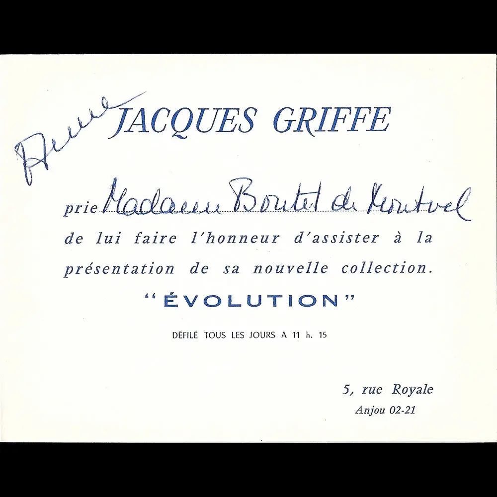 Jacques Griffe - Carton D'invitation De La Maison De Couture, 5 Rue Royale À Paris (1950S) 1