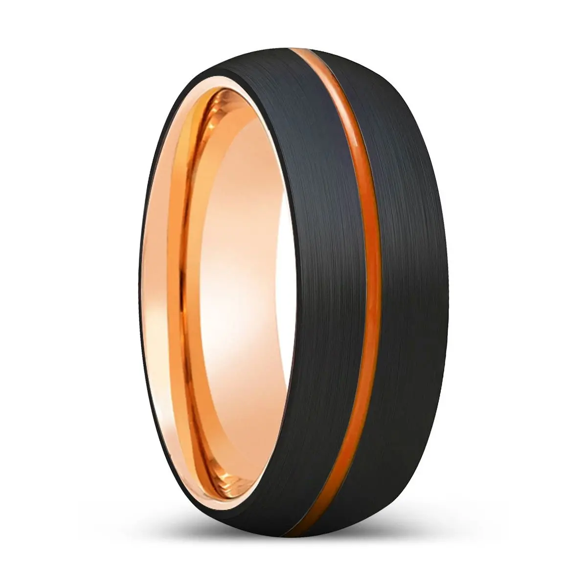 Grizzly | Rose Gold Ring, Black Tungsten Ring, Orange Groove, Domed 1