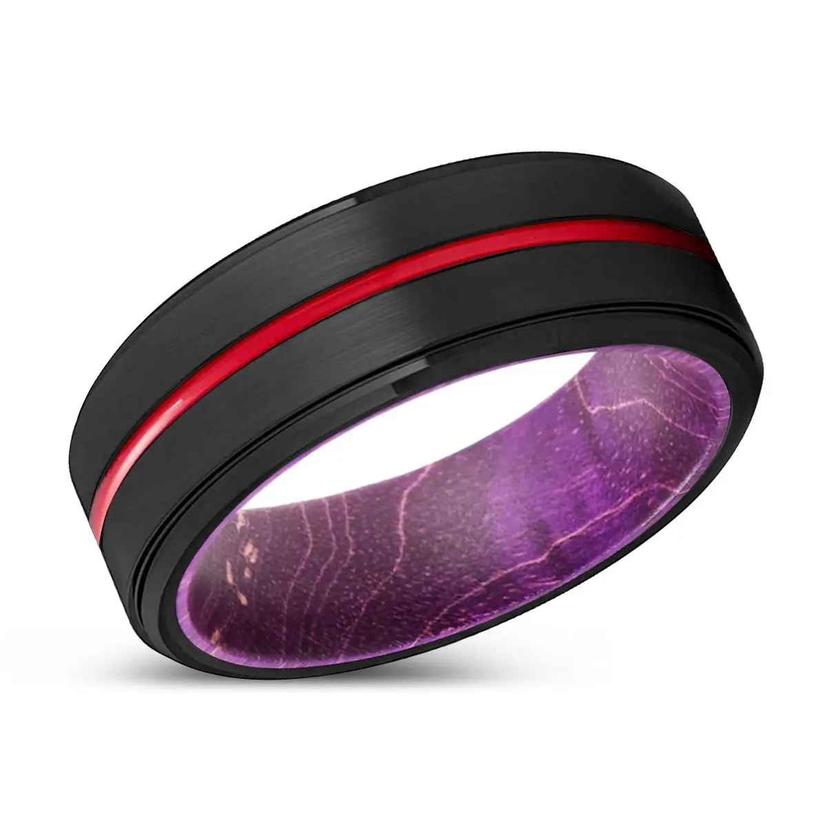Groovy | Purple Wood, Black Tungsten Ring, Red Groove, Stepped Edge 2