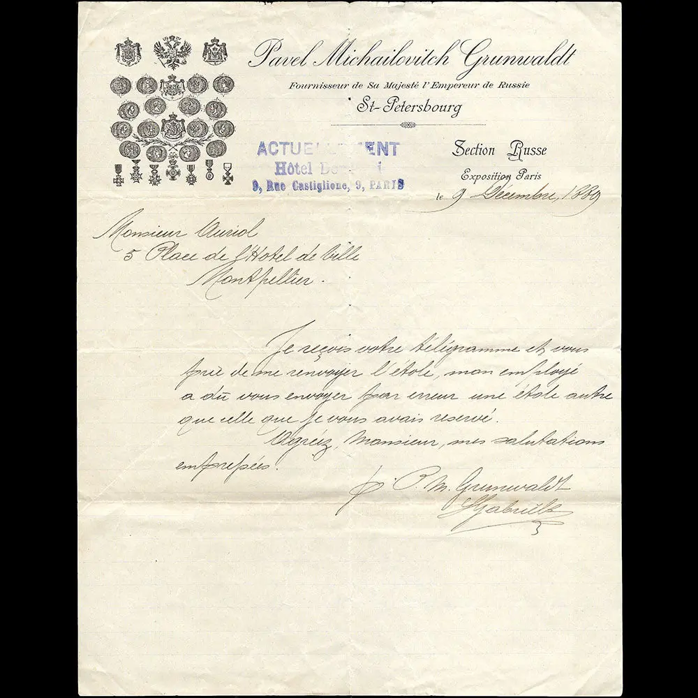 Grunwaldt - Facture De La Maison De Fourrures, Hôtel Dominici, 9 Rue Castiglione À Paris (1889) 1