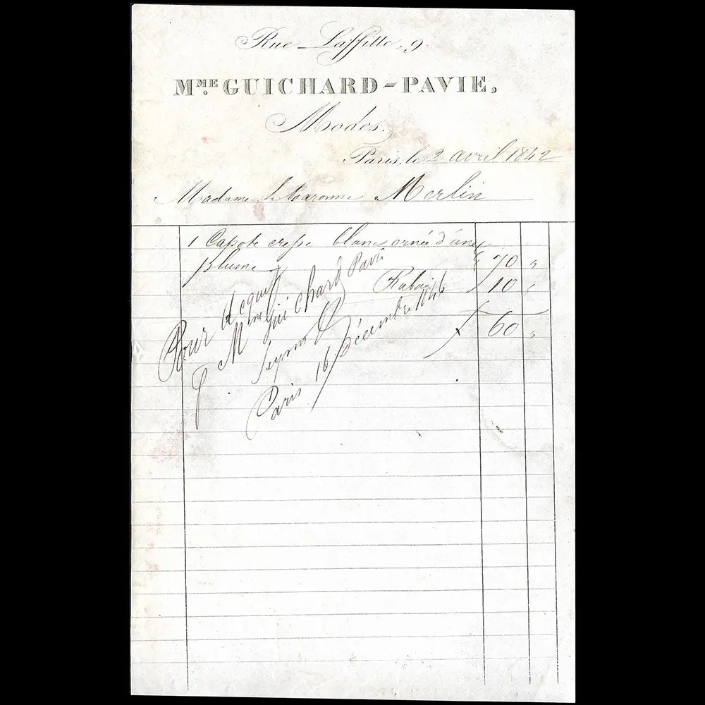 Mme Guichard-Pavie - Facture De La Maison De Modes, 9 Rue Lafitte À Paris (1842) 1