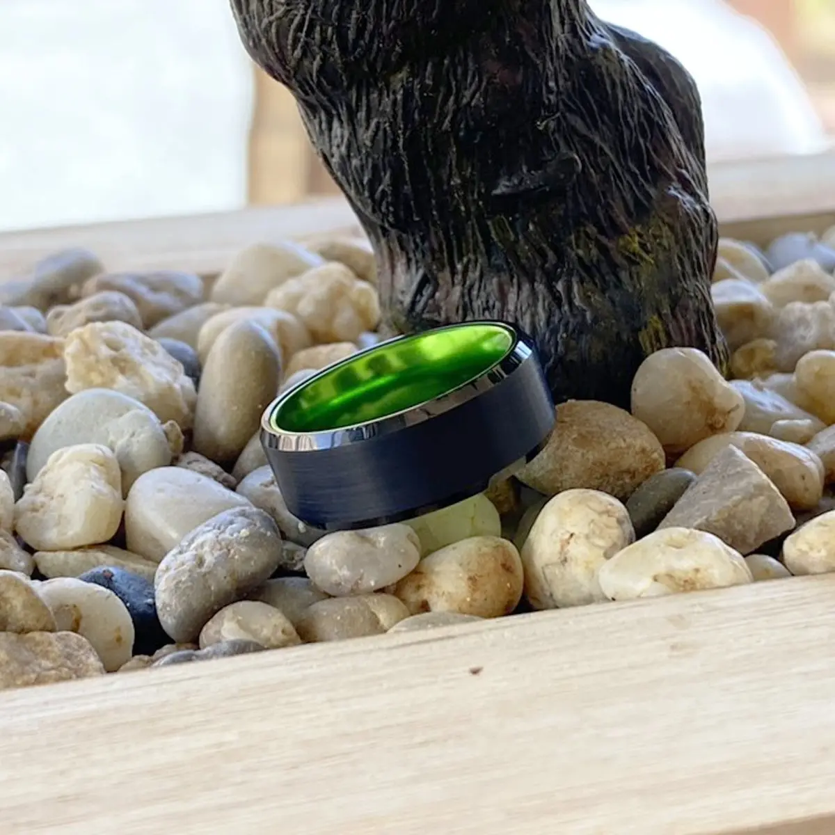Gumby | Green Ring, Black Tungsten Ring, Brushed, Beveled 6