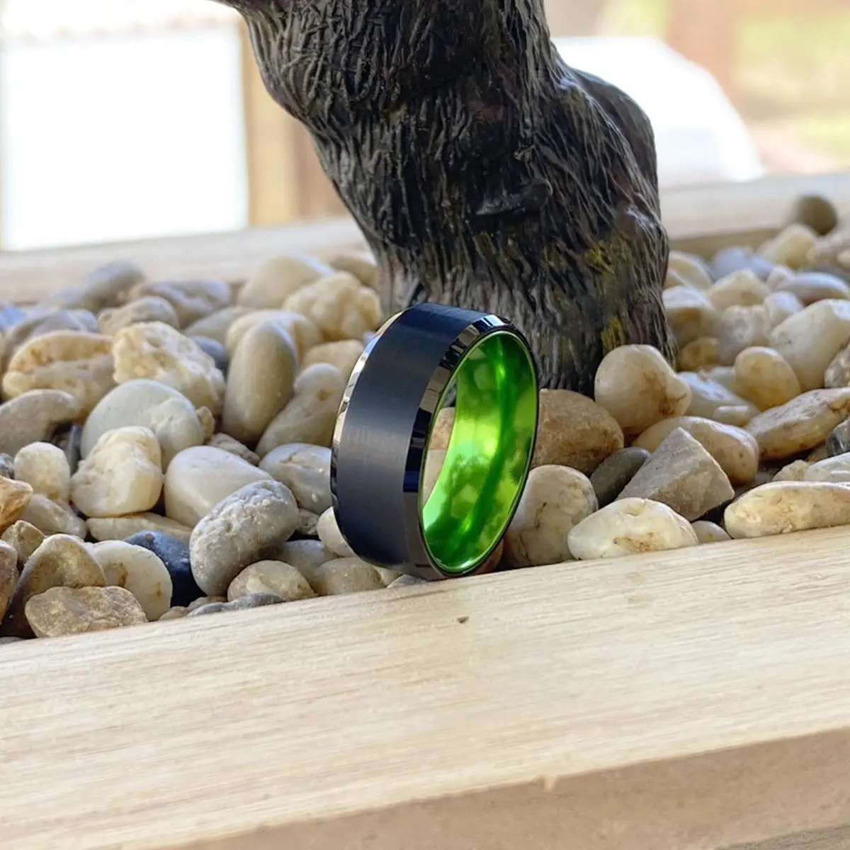 Gumby | Green Ring, Black Tungsten Ring, Brushed, Beveled 7