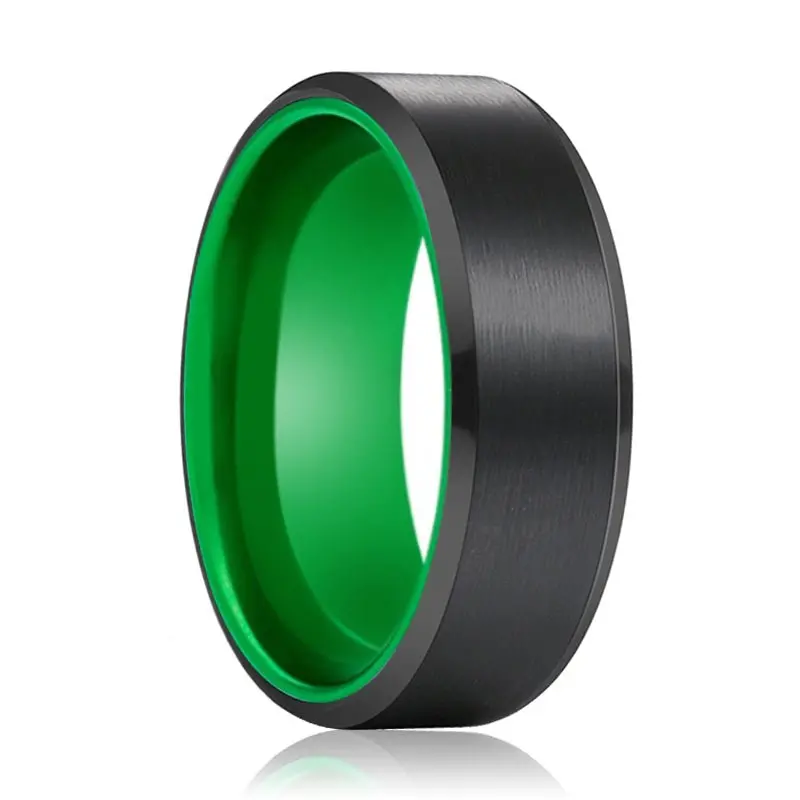 Gumby | Green Ring, Black Tungsten Ring, Brushed, Beveled 1