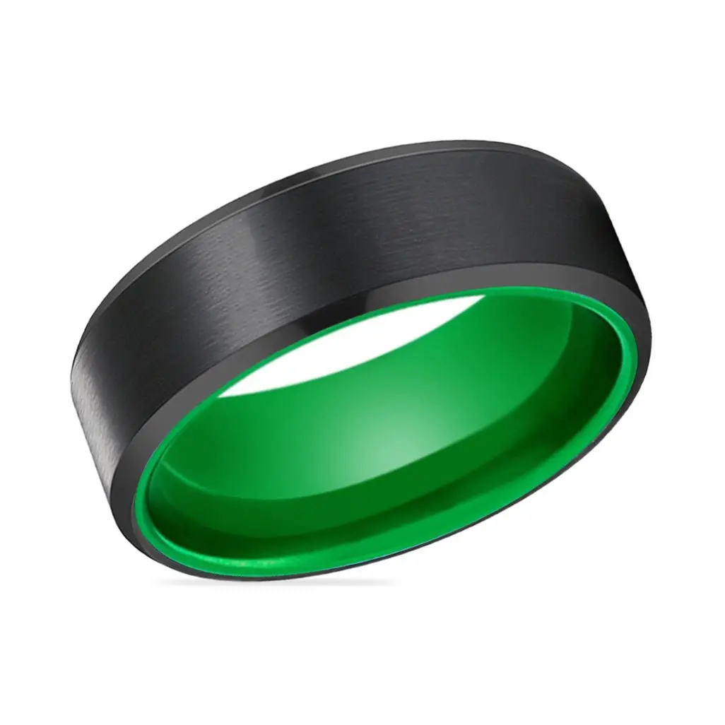 Gumby | Green Ring, Black Tungsten Ring, Brushed, Beveled 2