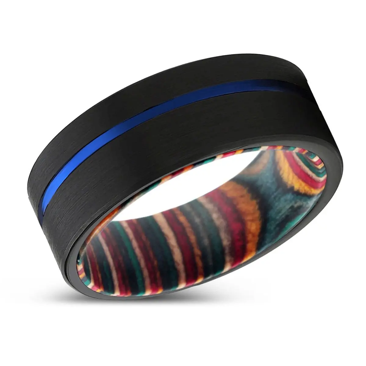 Gust | Multi Color Wood, Black Tungsten Ring, Blue Offset Groove, Flat 2