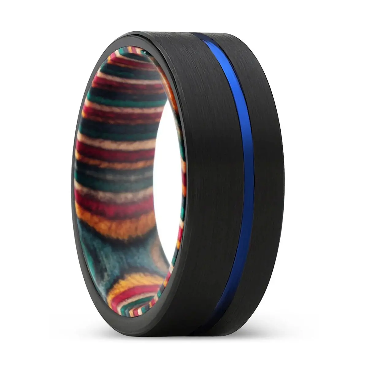 Gust | Multi Color Wood, Black Tungsten Ring, Blue Offset Groove, Flat 1
