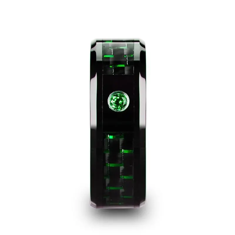 Hadar | Black Ceramic Ring, Green Emerald Stone, Green Carbon Fiber, Beveled 3