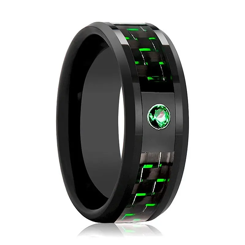 Hadar | Black Ceramic Ring, Green Emerald Stone, Green Carbon Fiber, Beveled 1
