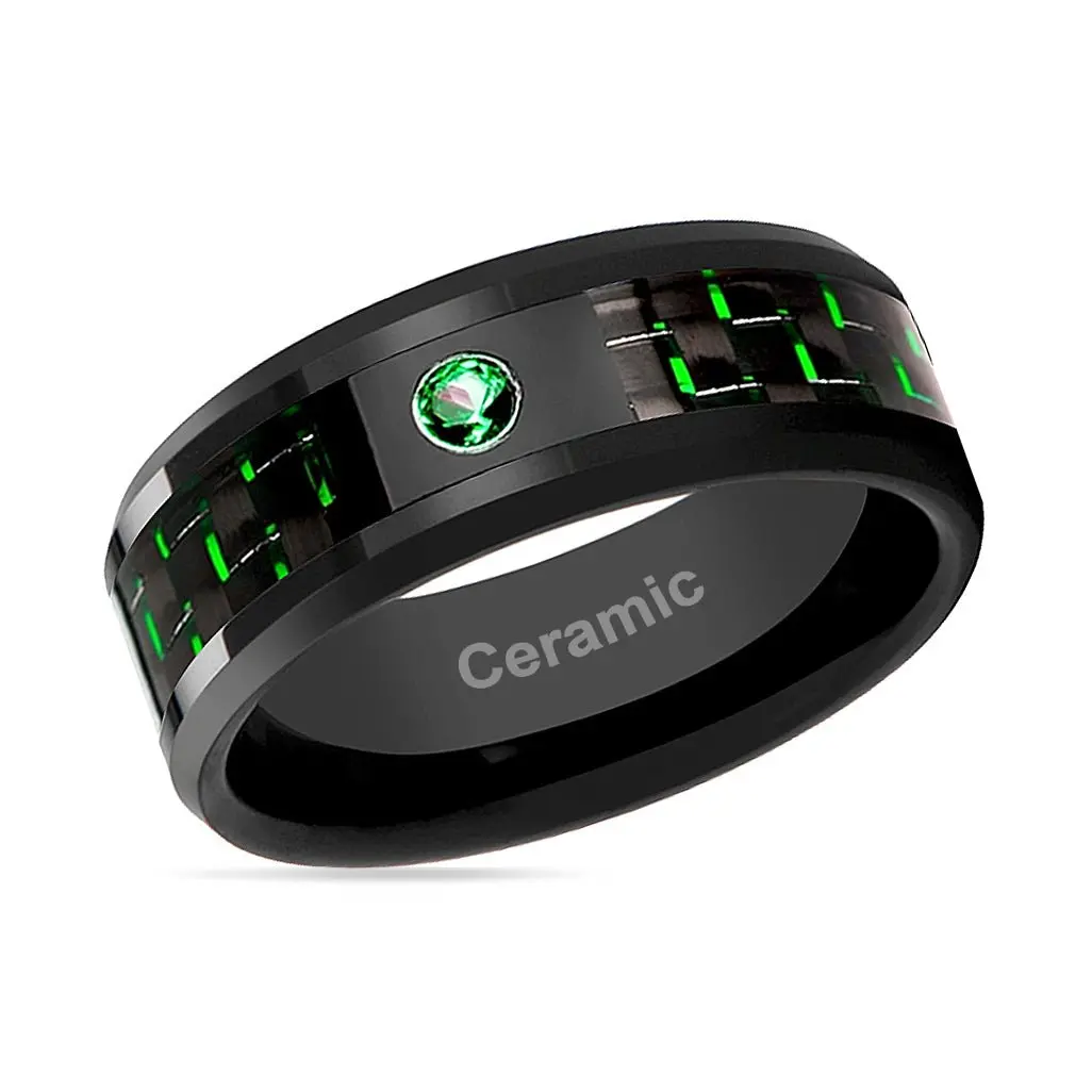 Hadar | Black Ceramic Ring, Green Emerald Stone, Green Carbon Fiber, Beveled 2