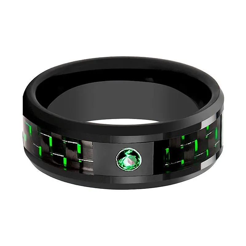 Hadar | Black Ceramic Ring, Green Emerald Stone, Green Carbon Fiber, Beveled 4