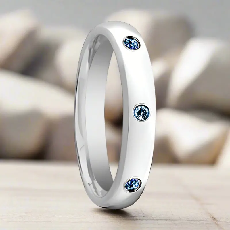 Halia | Womens Tungsten Ring, 3 Blue Sapphires, Domed 3