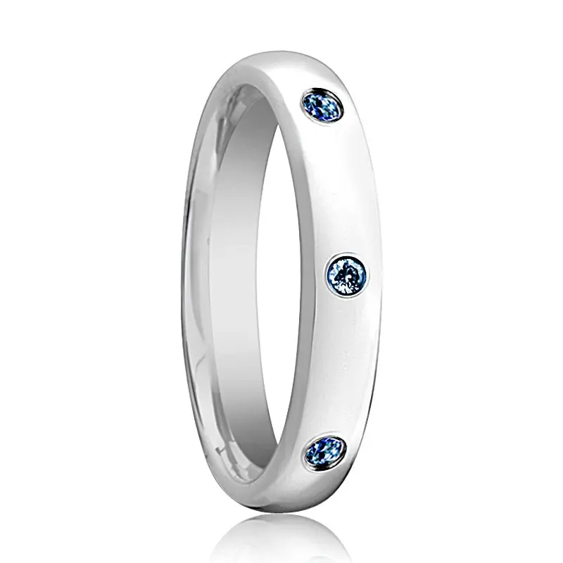 Halia | Womens Tungsten Ring, 3 Blue Sapphires, Domed 1