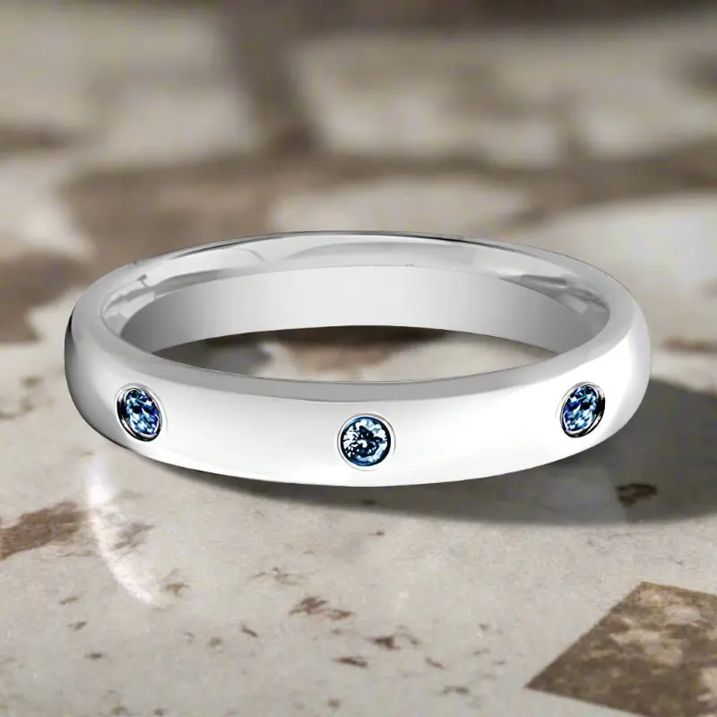 Halia | Womens Tungsten Ring, 3 Blue Sapphires, Domed 4