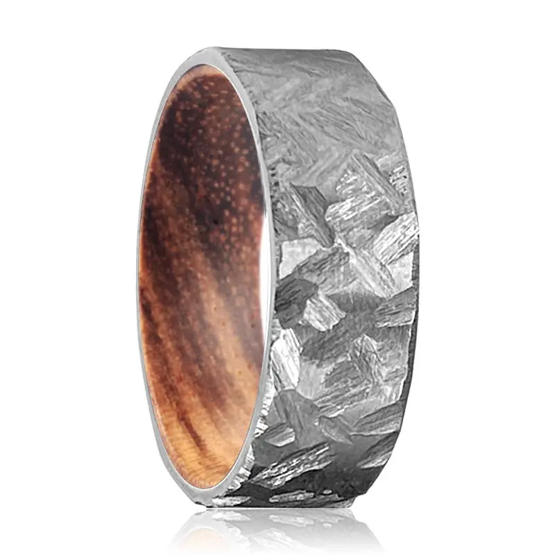 Hamil | Zebra Wood, Silver Titanium Ring, Hammered, Flat 1