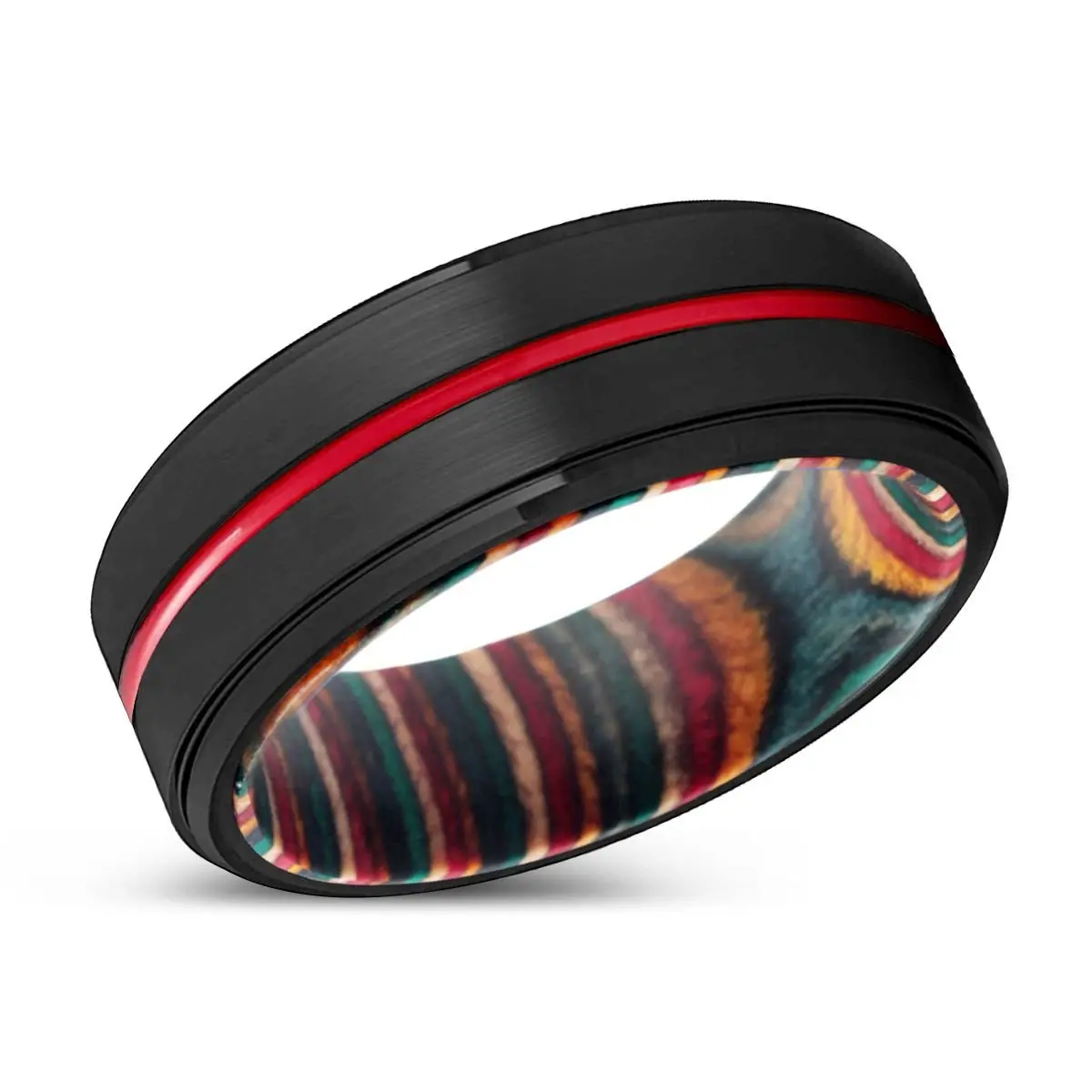 Handsome | Multi Color Wood, Black Tungsten Ring, Red Groove, Stepped Edge 2