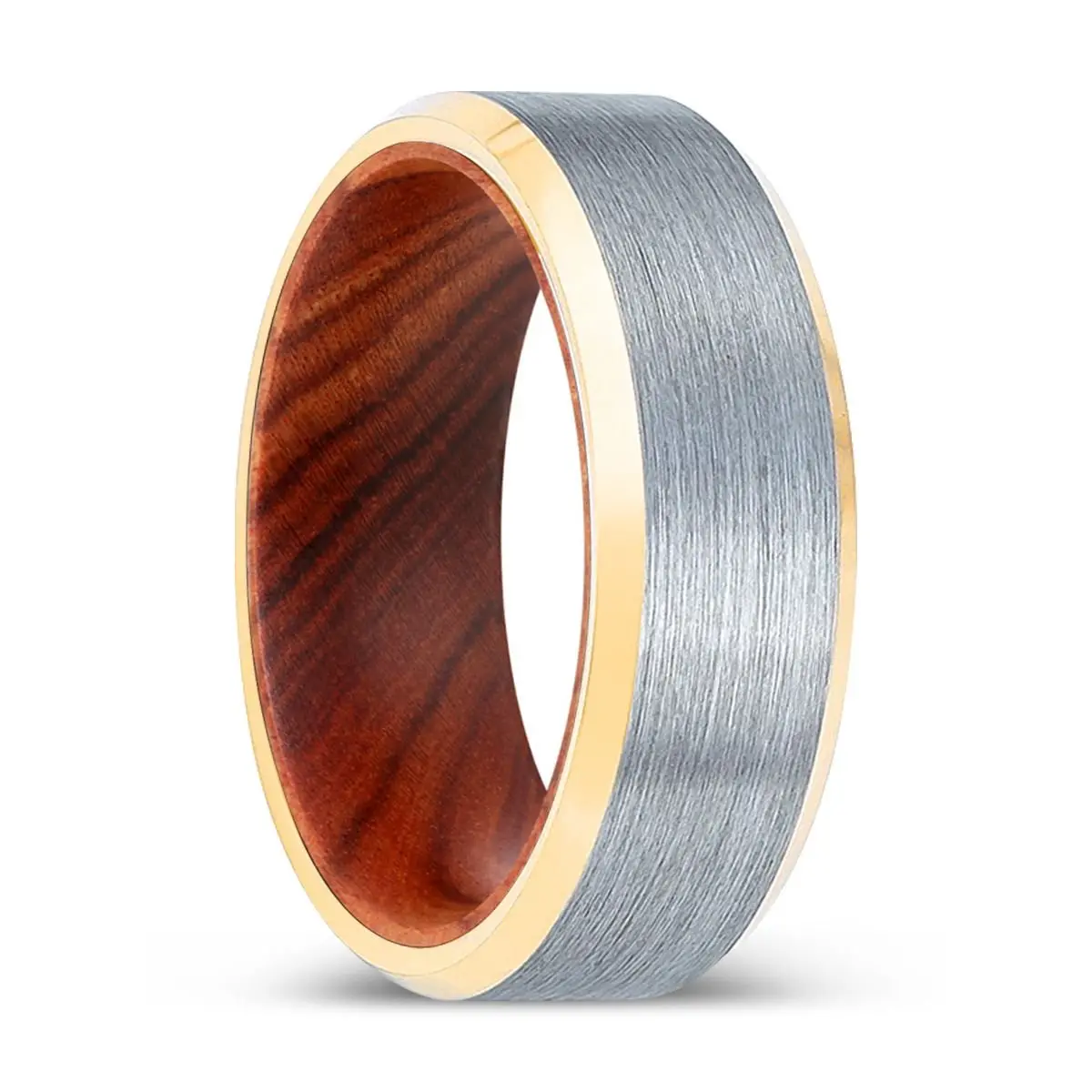 Hardtalon | Iron Wood, Brushed, Silver Tungsten Ring, Gold Beveled Edges 1