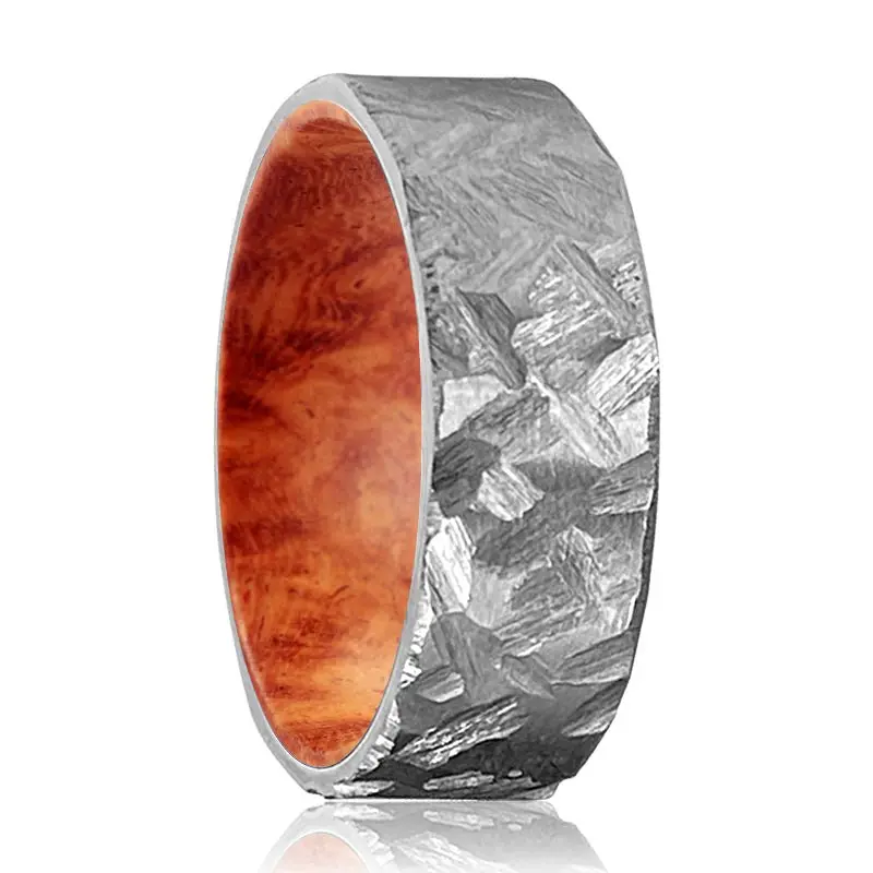 Harkin | Red Burl Wood, Silver Titanium Ring, Hammered, Flat 1