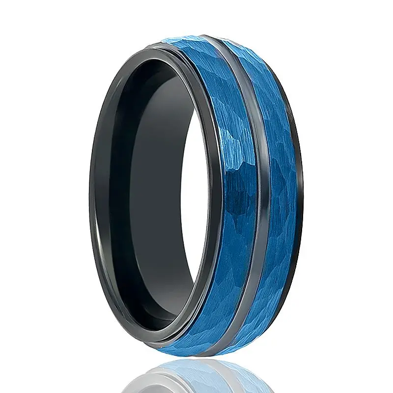 Harlo | Black Tungsten Ring, Blue Hammered, Black Groove, Stepped Edge 1