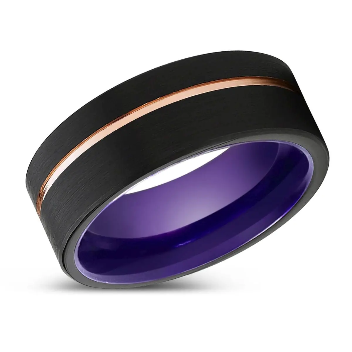 Harmony | Purple Ring, Black Tungsten Ring, Rose Gold Offset Groove, Brushed, Flat 2
