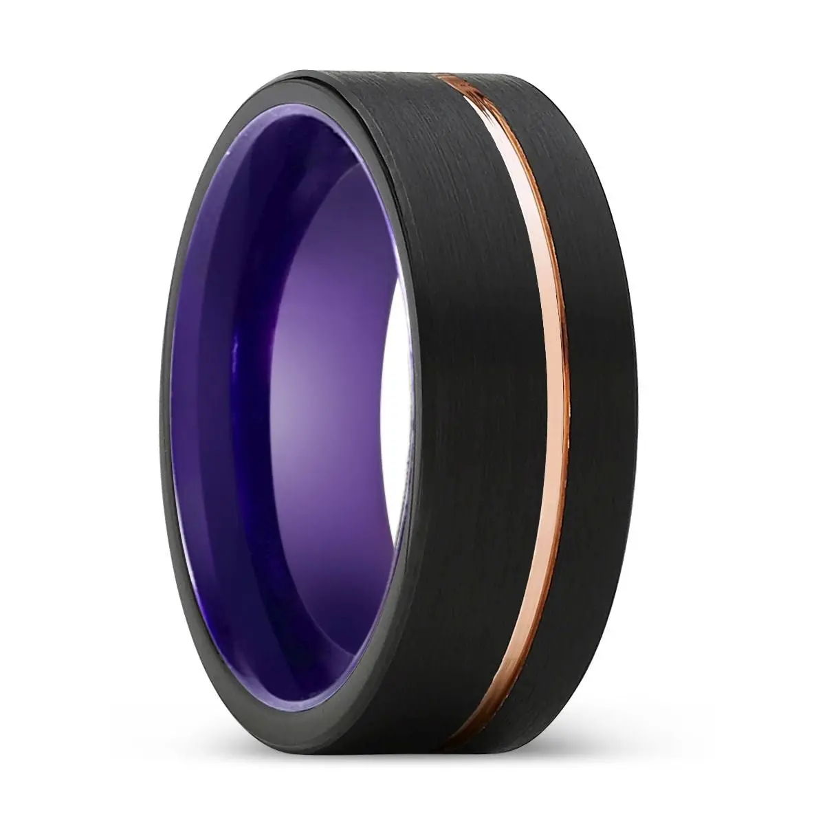Harmony | Purple Ring, Black Tungsten Ring, Rose Gold Offset Groove, Brushed, Flat 1