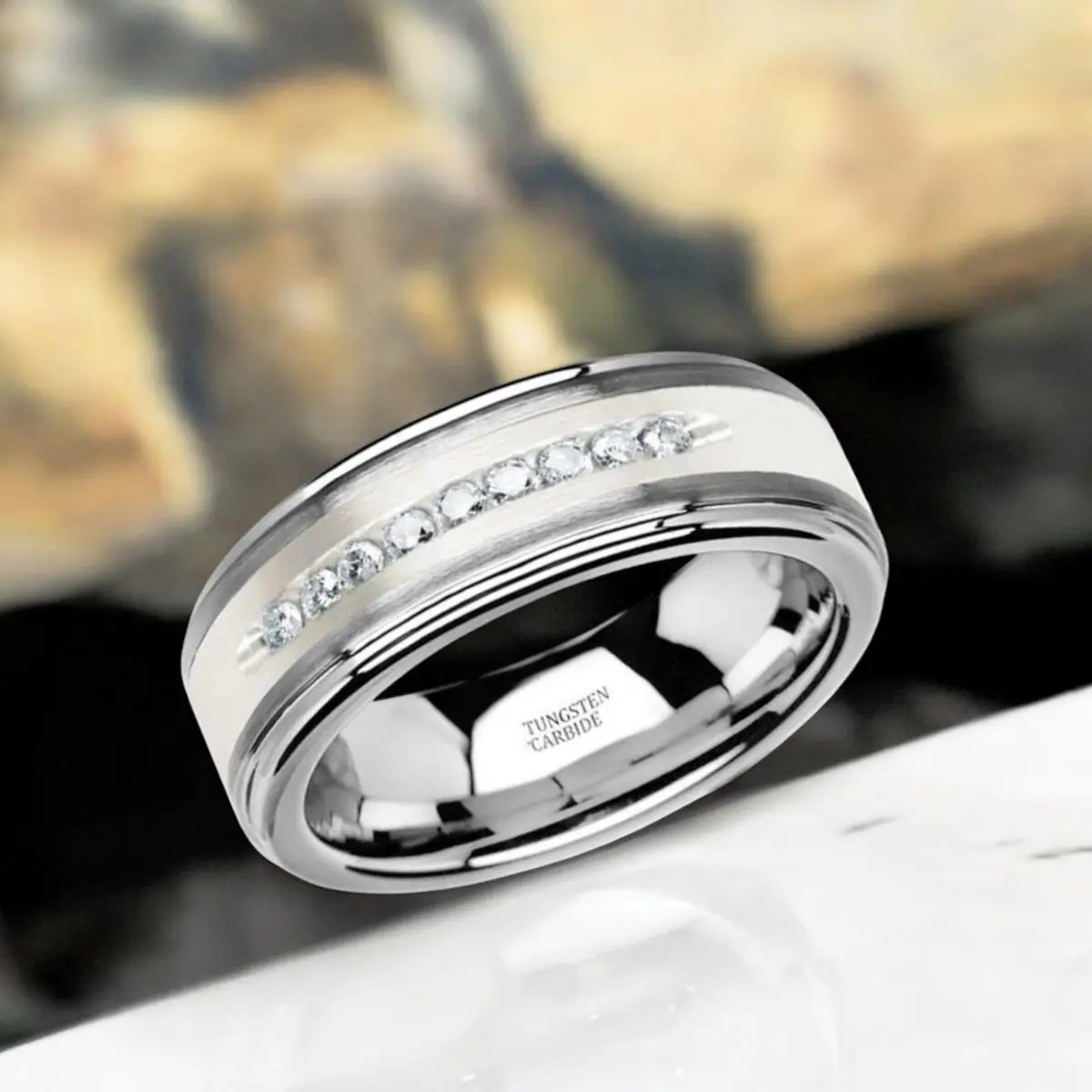 Harper | Silver Tungsten Ring, Sterling Inlay, White Diamonds, Stepped Edge 2