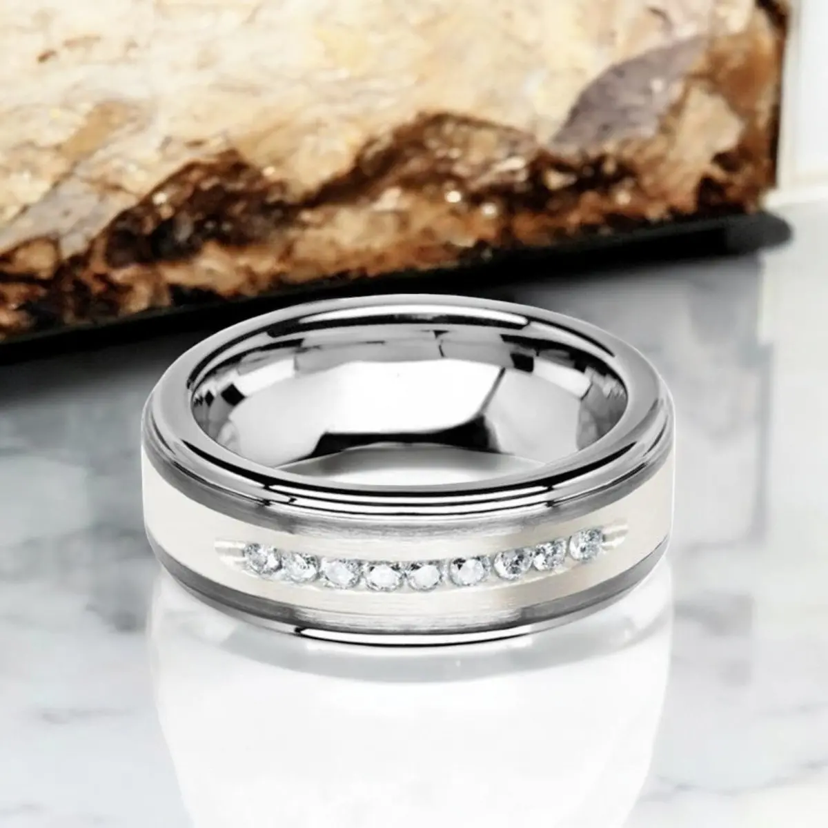 Harper | Silver Tungsten Ring, Sterling Inlay, White Diamonds, Stepped Edge 5