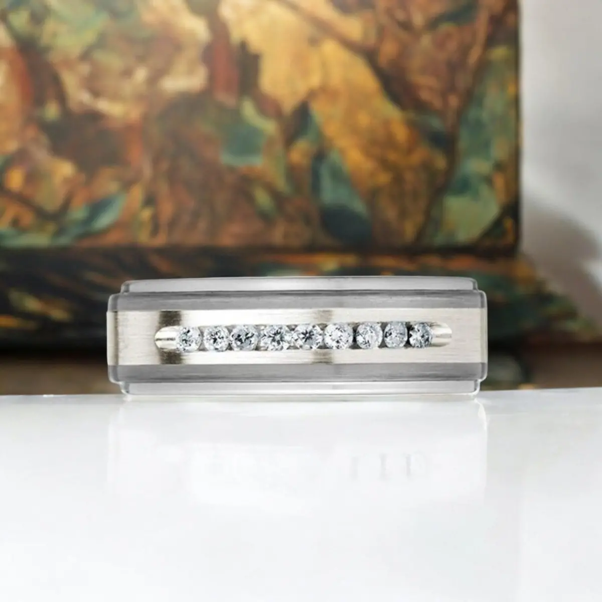 Harper | Silver Tungsten Ring, Sterling Inlay, White Diamonds, Stepped Edge 3