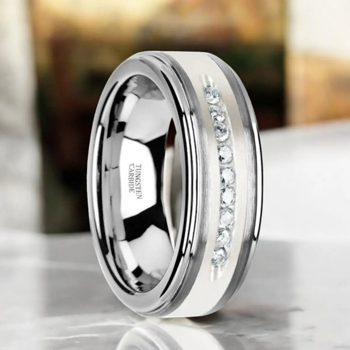 Harper | Silver Tungsten Ring, Sterling Inlay, White Diamonds, Stepped Edge 1