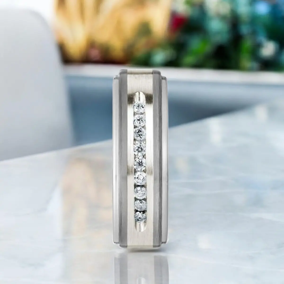 Harper | Silver Tungsten Ring, Sterling Inlay, White Diamonds, Stepped Edge 4